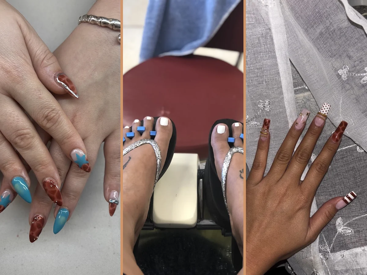 Nail technician shaping an almond manicure.