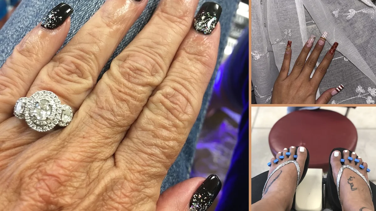 Nail technician shaping an almond manicure.